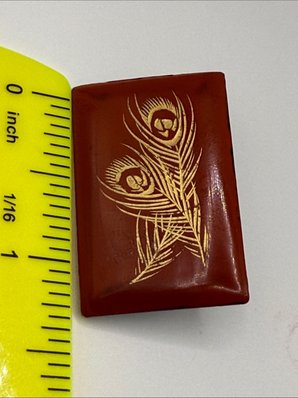 Antique lacquer Estate etched Peacock Feather Red Rectangular pin brooch deco - Picture 12 of 16